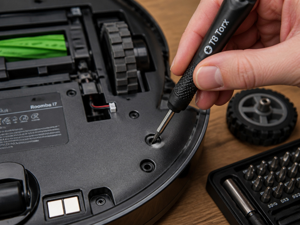 Close-up of using a Torx screwdriver to repair a Roomba vacuum error code.