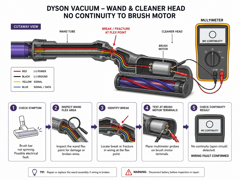 Diagnosing broken wires and motor failure in a Dyson vacuum cleaner head.