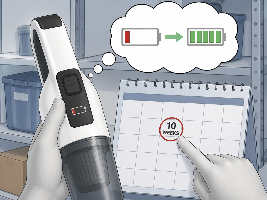 Cartoon showing calendar reminder for long-term ionVac cordless vacuum battery maintenance.