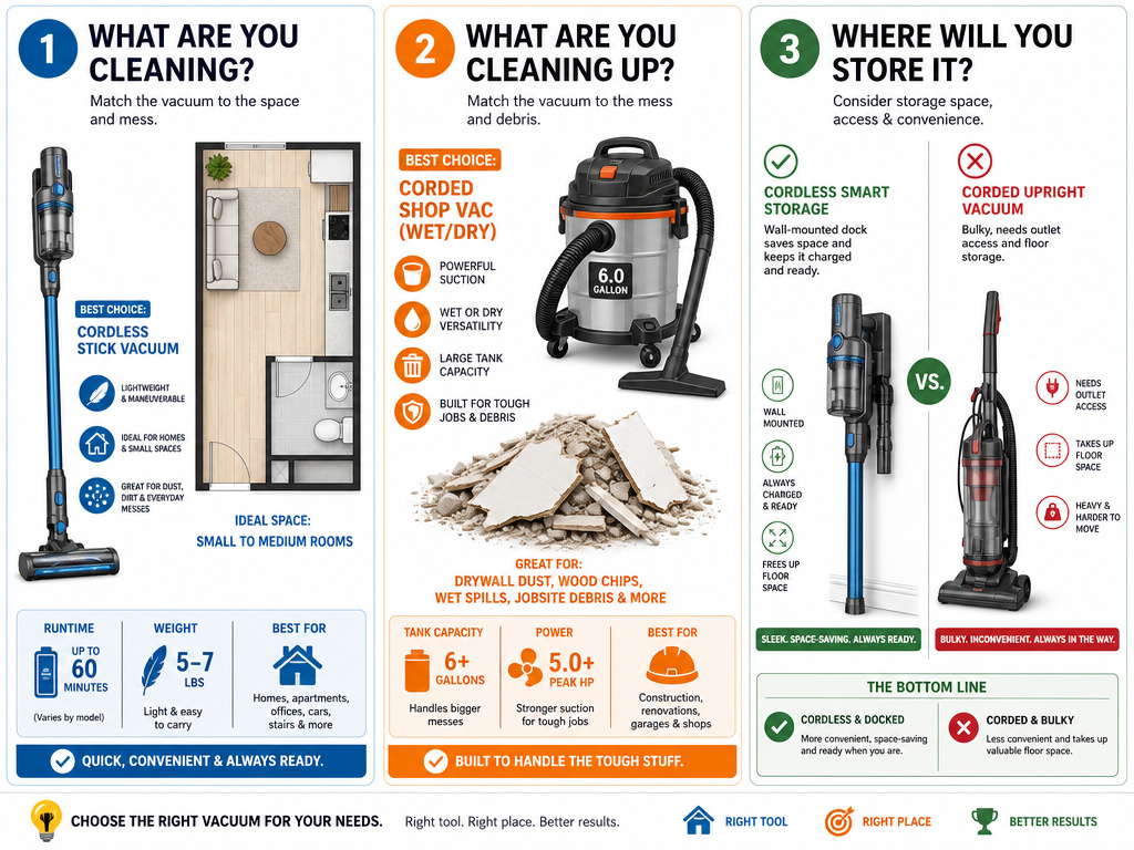 Infographic comparing cordless and corded vacuum needs for home cleaning tasks