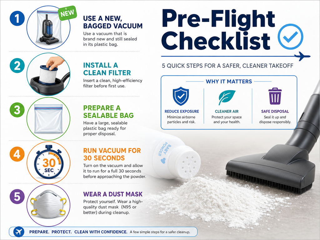 Checklist for vacuuming baby powder safely, showing key preparation steps.