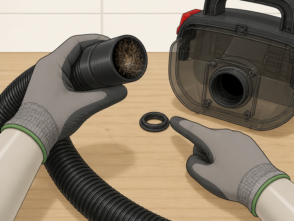 Troubleshooting a clogged hose and water seal on a Bissell wet/dry vacuum cleaner.