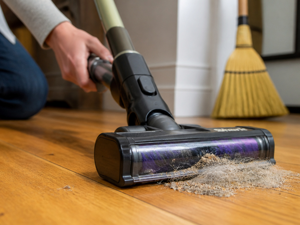 Cordless stick vacuum cleaning dust and hair on hardwood floor instead of broom.