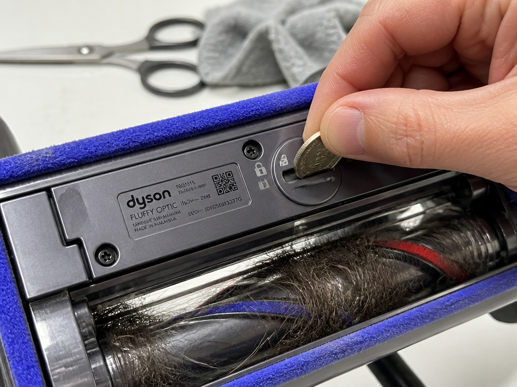 Removing and cleaning the brush bar from a Dyson stick vacuum cleaner head.