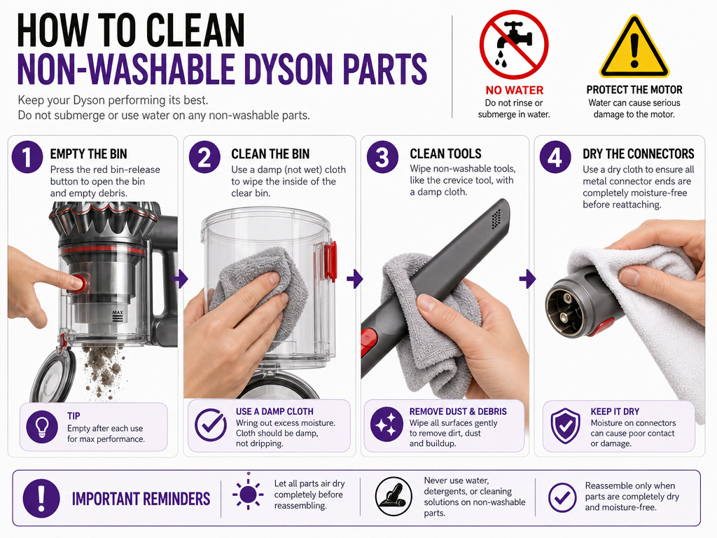 Four-step infographic for cleaning a Dyson vacuum bin and dry tools.