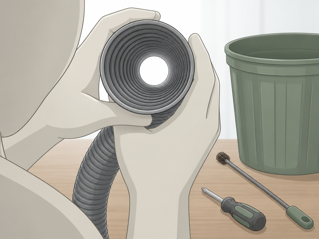 Checking a Hoover vacuum hose for a blockage by looking through it toward light.