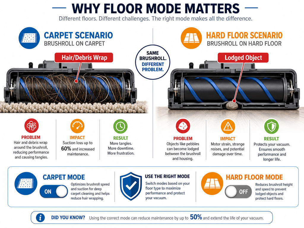 Shark vacuum brush not spinning on carpet versus hard floor causes