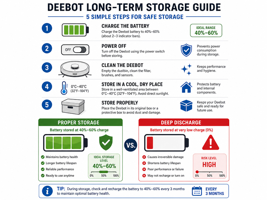 Infographic on Deebot long-term storage routine to prevent battery issues