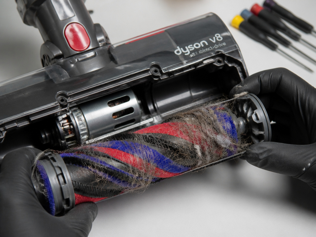 Close-up of a jammed Dyson direct-drive vacuum head being inspected for repair.