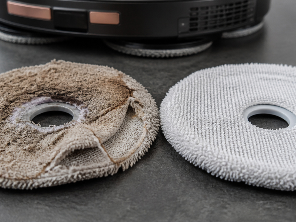 Worn electric mop pad compared to a new one, with a vacuum cleaner in background.