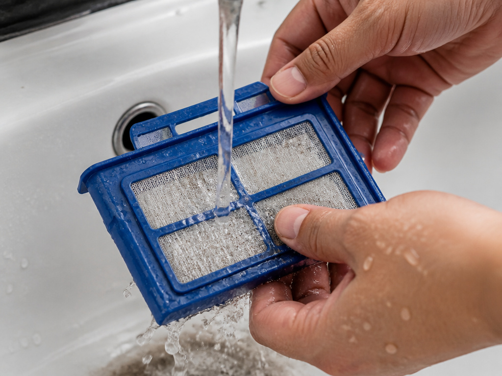 Cleaning the blue Roomba 405 filter under running tap water.