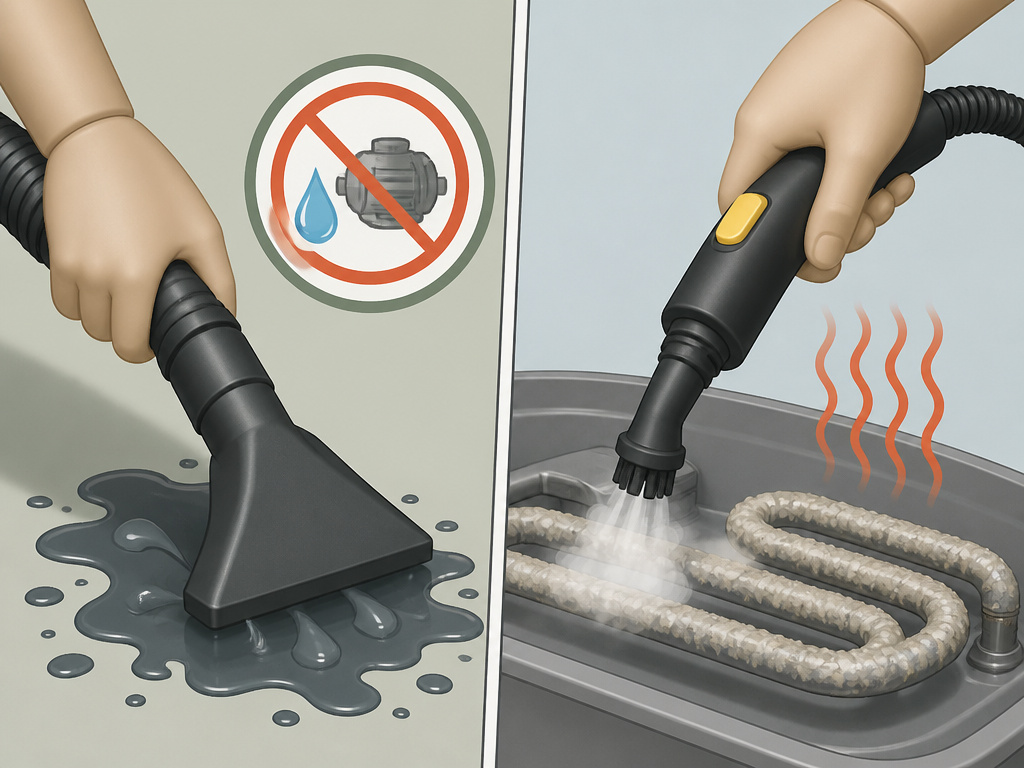 Cartoon comparing misuse of a vacuum cleaner with water and a steam cleaner with limescale.
