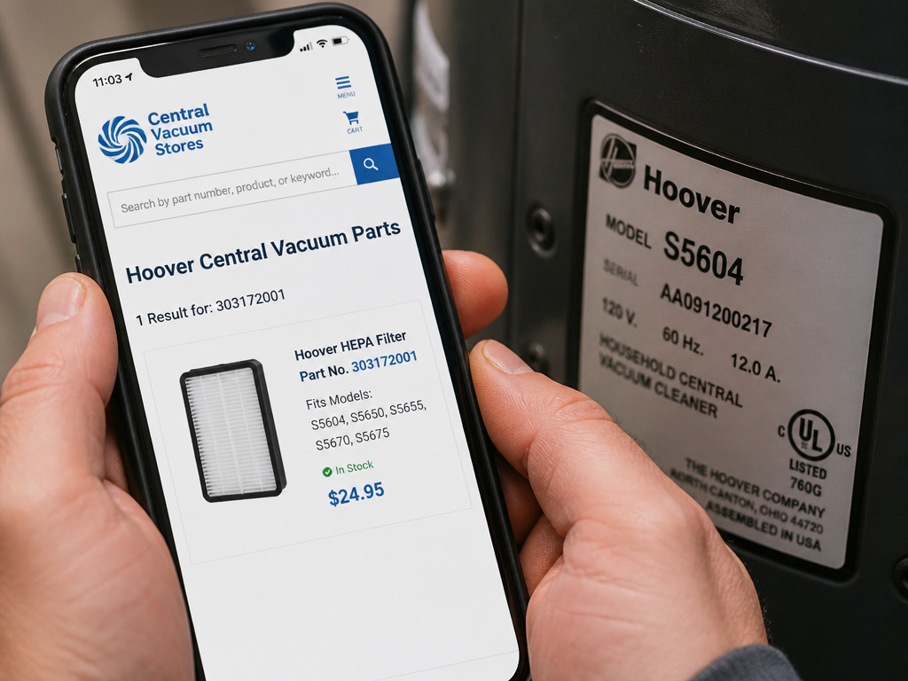 Searching for Hoover vacuum filter by part number on a smartphone screen.