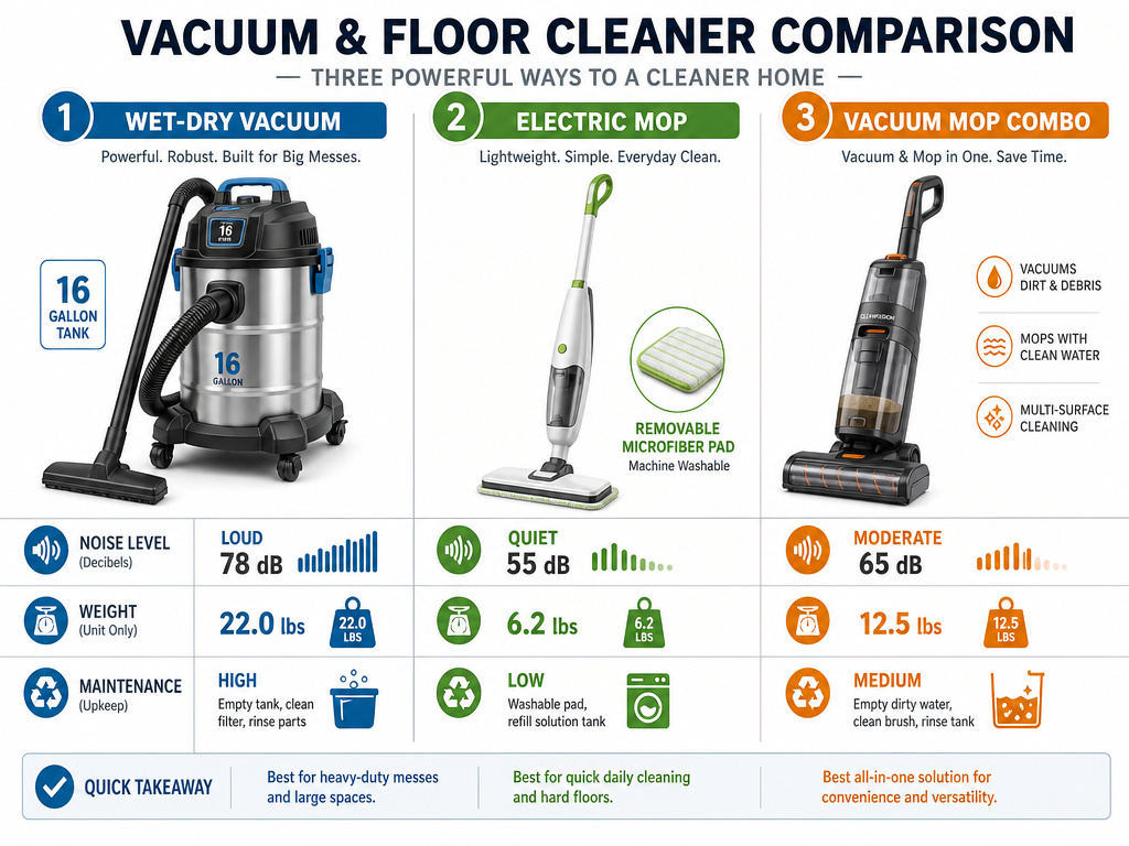 Comparison infographic of wet dry vacuum, electric mop, and hybrid vacuum mop features.