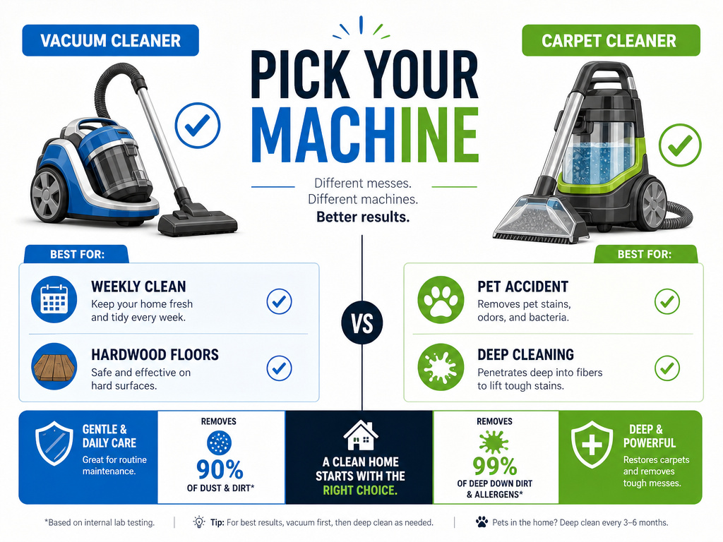 Infographic comparing vacuum cleaner and carpet cleaner use cases and scenarios.
