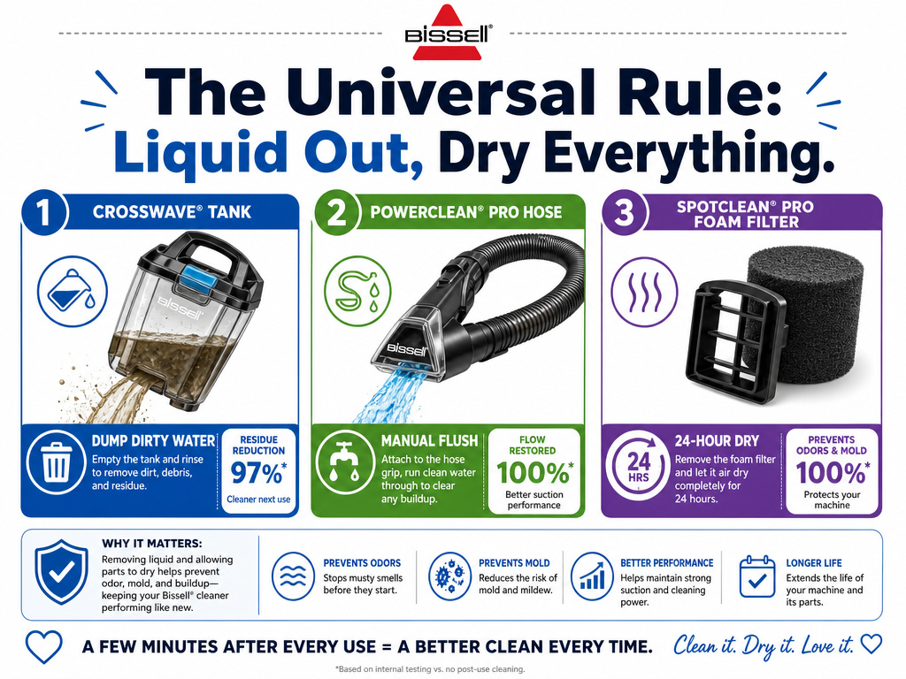 Infographic comparing post-use cleaning steps for different Bissell vacuum models.