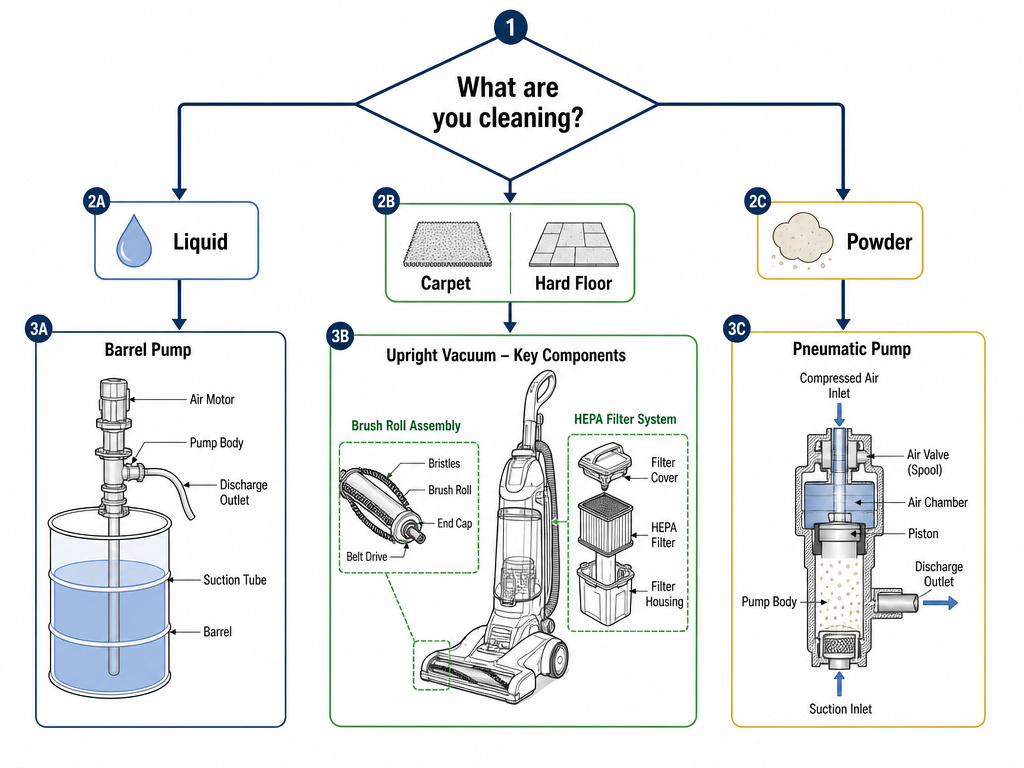 Decision flowchart for choosing between an upright vacuum cleaner and a barrel pump.