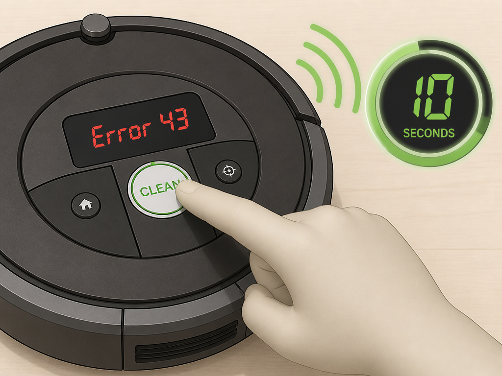 Close-up of a hand performing a hard reset on a Roomba showing error code 43.