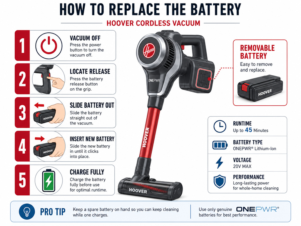 Five-step infographic for replacing a Hoover cordless vacuum battery.