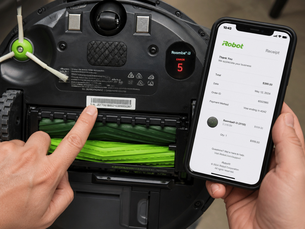 Locating Roomba serial number and receipt for iRobot support call about error 5.