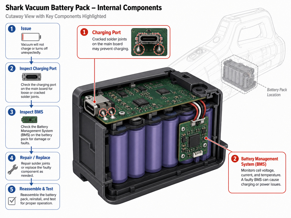 Internal charging port and BMS failure diagram for Shark vacuum repair.