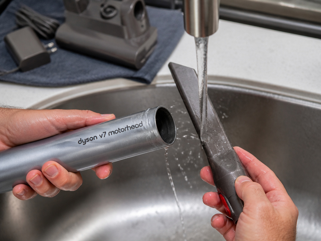 Cleaning Dyson V7 vacuum wand and attachments with water at a sink.