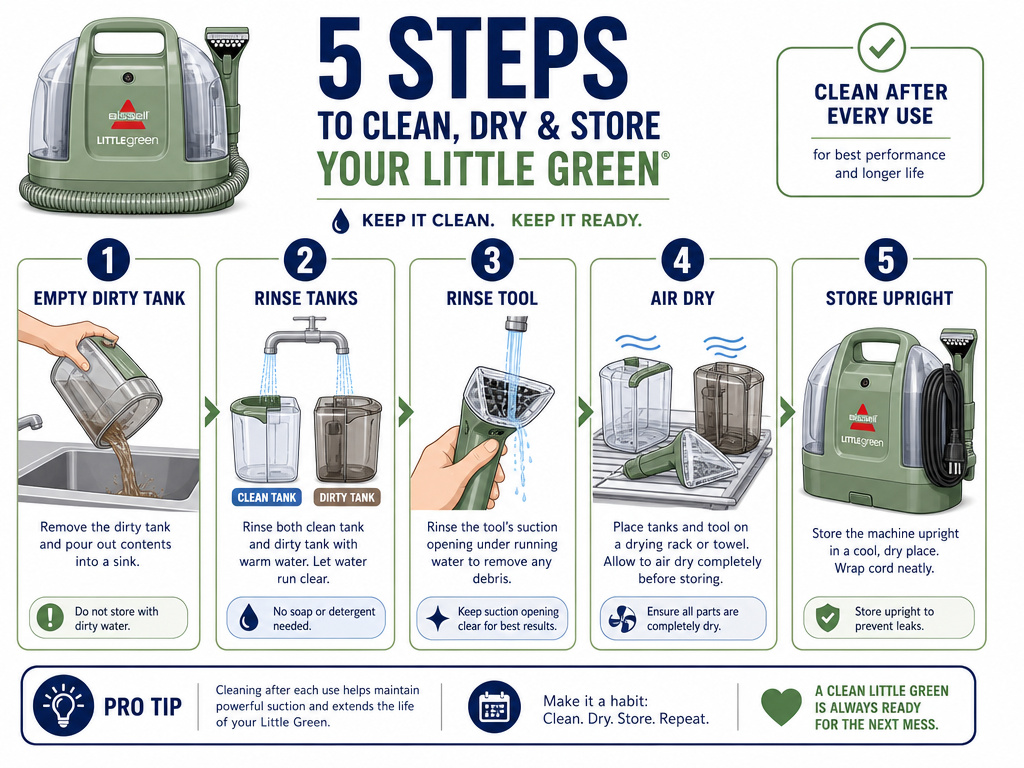Five-step infographic for cleaning and maintaining a Bissell Little Green machine.