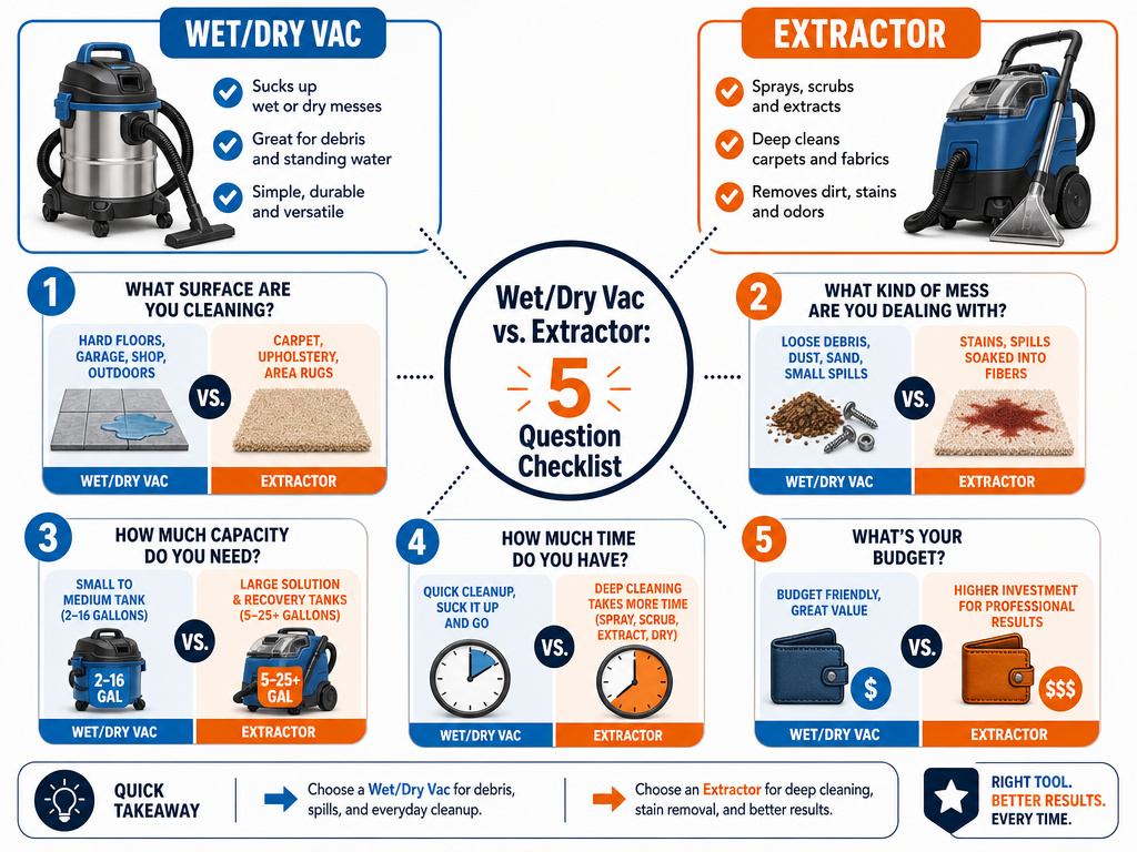 Five question checklist infographic comparing wet dry vacuums and carpet extractors.