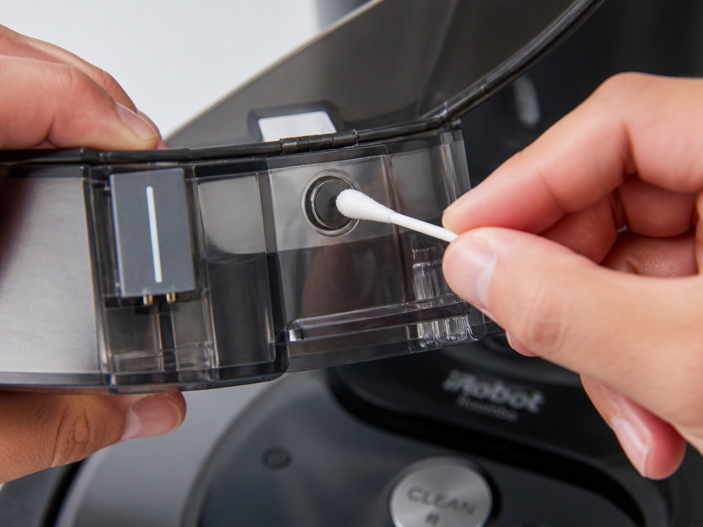 Cleaning the full bin sensor on a self-emptying Roomba i7+ vacuum with a cotton swab.