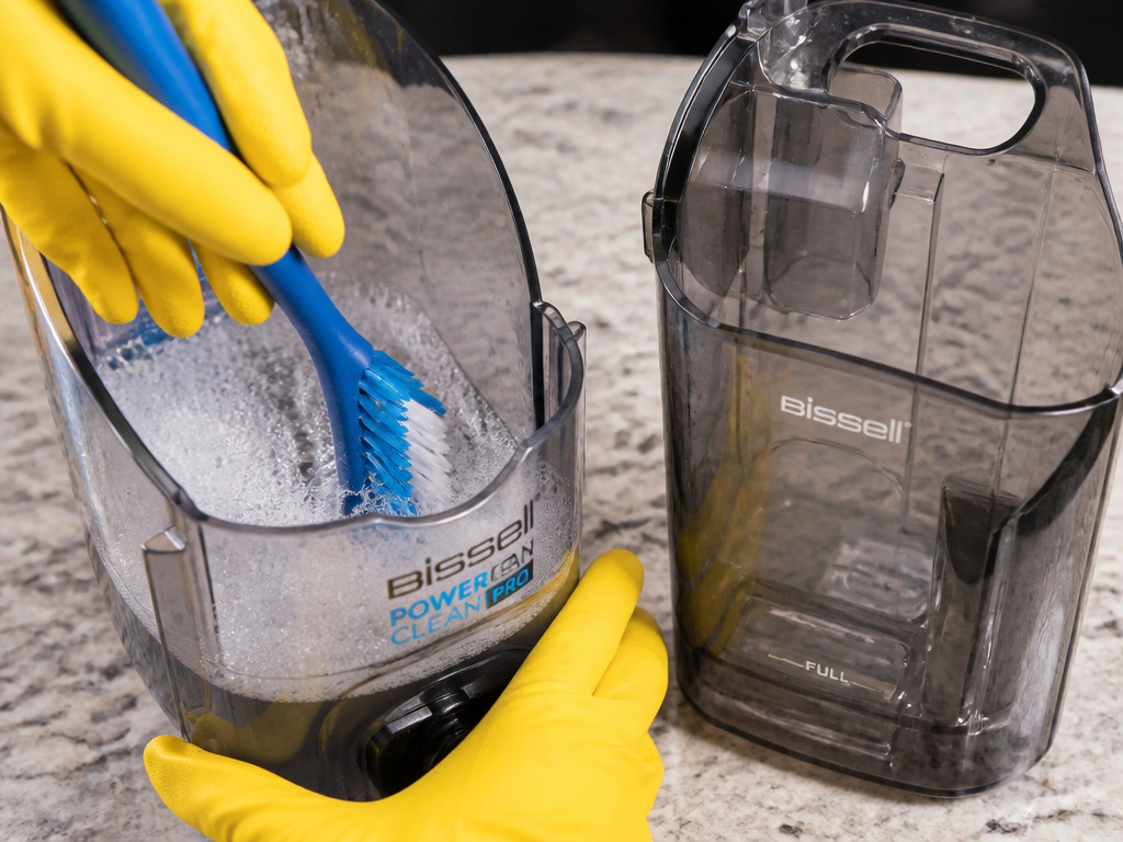 Monthly deep cleaning of Bissell PowerClean Pro tanks with brush and soapy water.