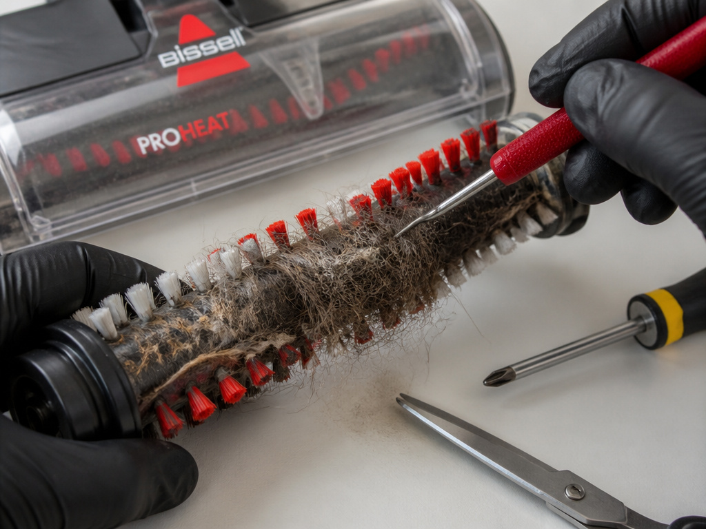 Close-up maintenance of a Bissell ProHeat brush roll and nozzle after cleaning.