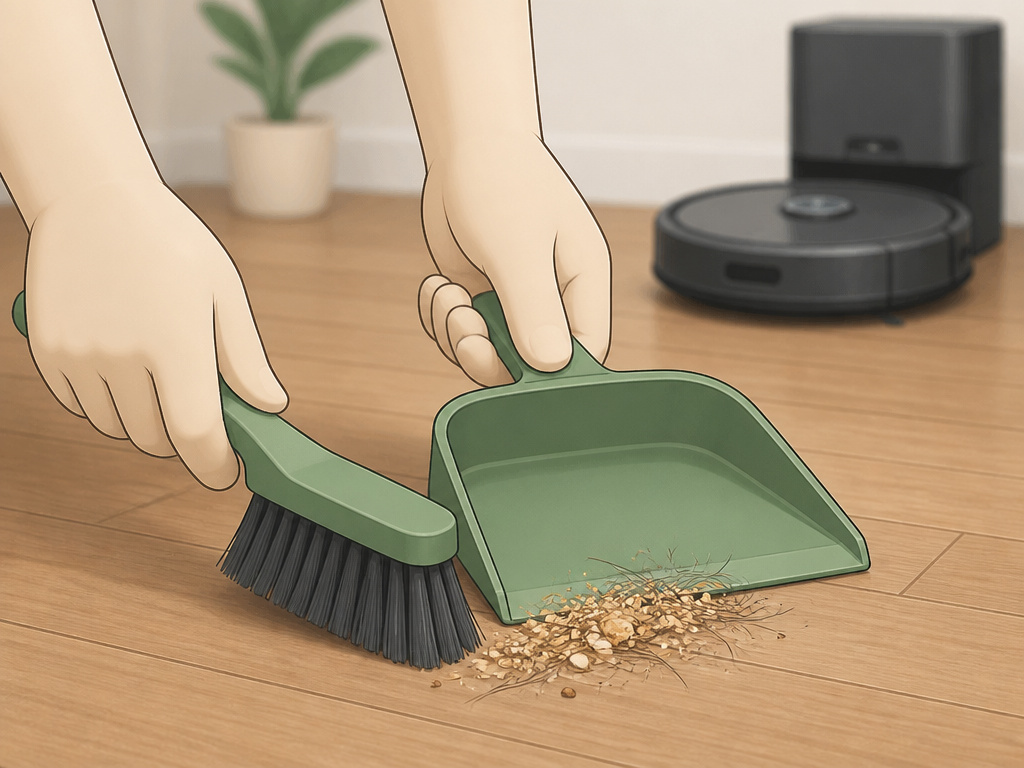 Hand sweeping floor debris before running a Roomba robot mop.