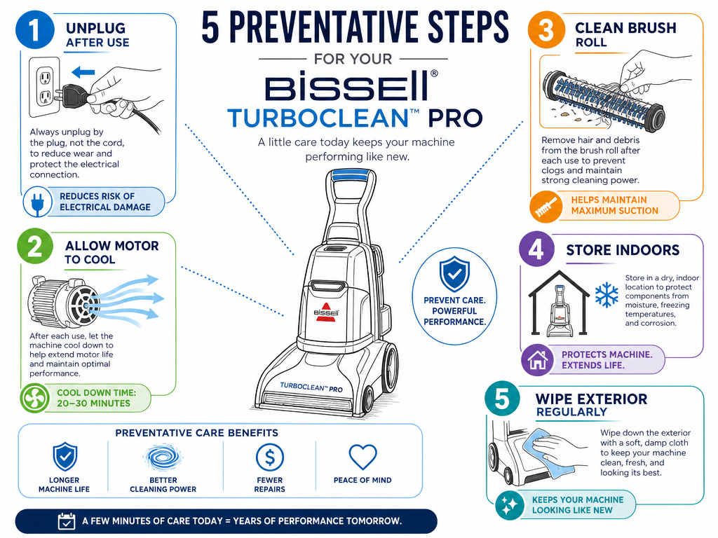 Five preventative maintenance steps for a Bissell Turboclean Pro carpet cleaner.