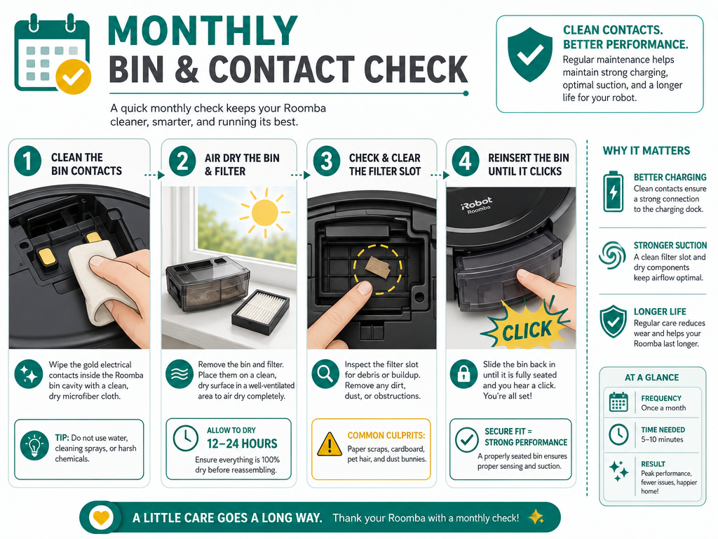 Infographic showing four maintenance steps to prevent Roomba error code 14.