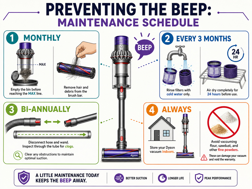 Dyson vacuum maintenance schedule infographic to prevent beeping noise.