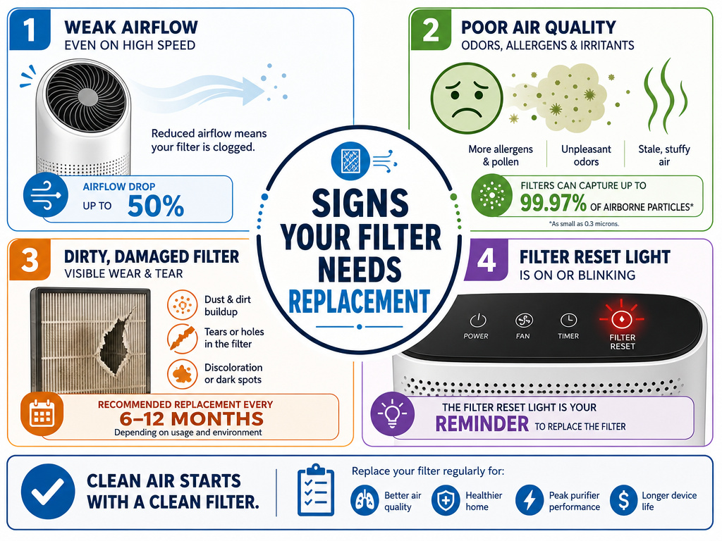 Infographic listing four signs an air filter is worn out and cannot be vacuumed.