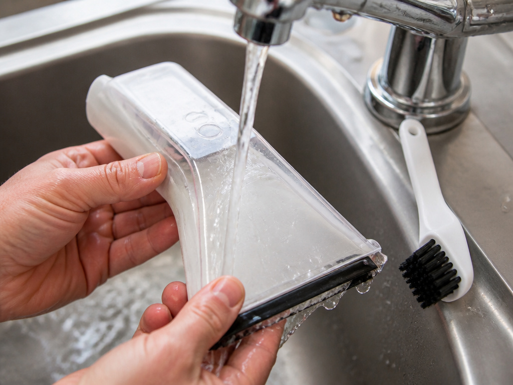 Cleaning a Hoover vacuum's upholstery tool under running faucet water.