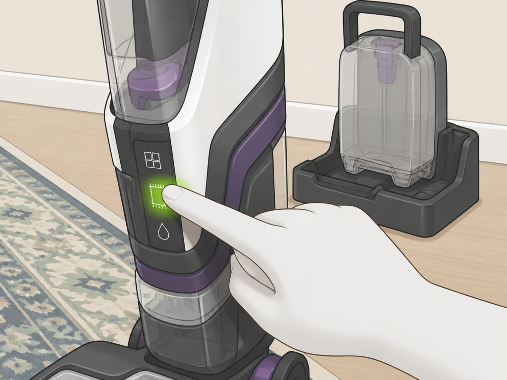 Close-up of selecting Rug mode on a BISSELL CrossWave for cleaning an area rug.