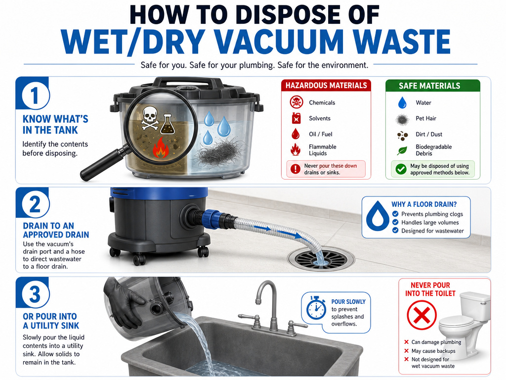 Three-step checklist for safely disposing of vacuum canister wastewater.