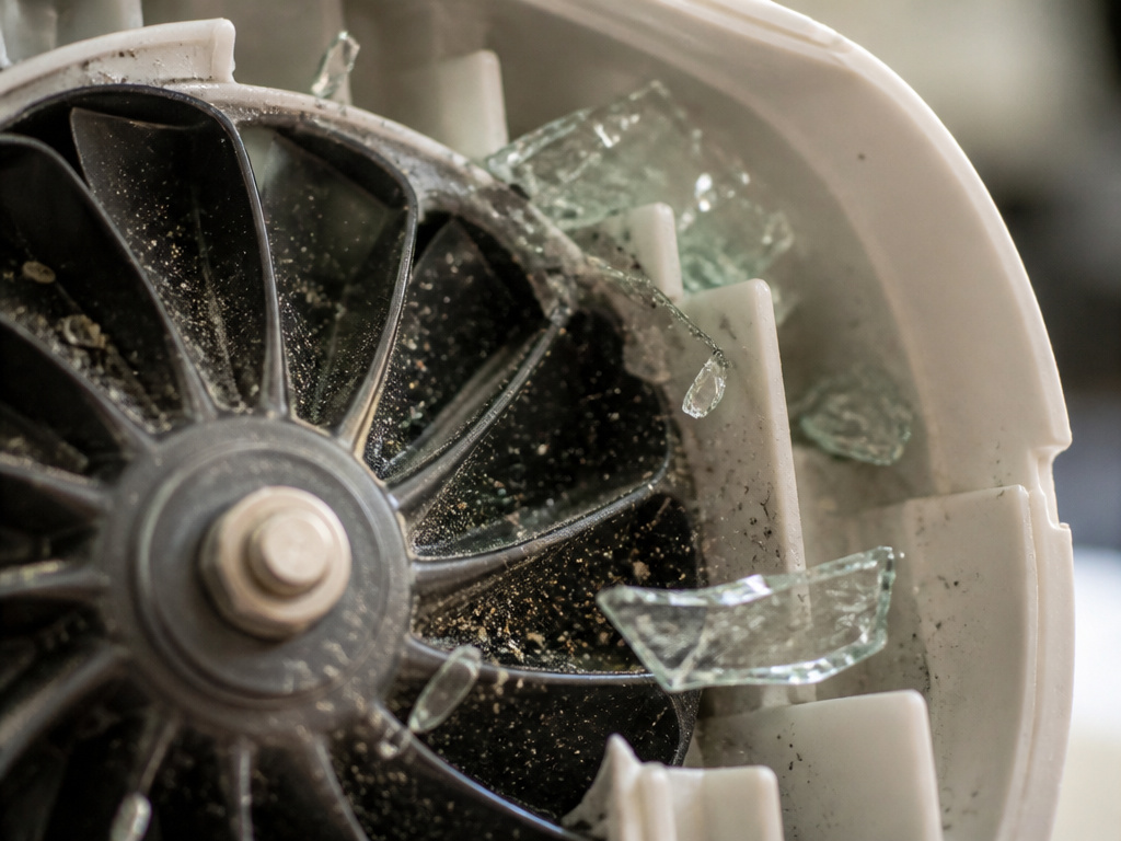 Glass shards jammed in a vacuum cleaner's high-speed impeller fan.