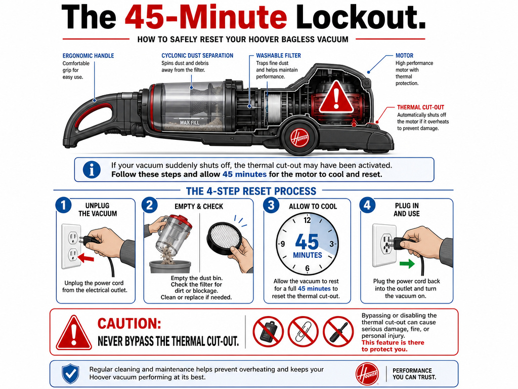 Infographic on resetting a bagless vacuum's thermal cut-out safety switch.