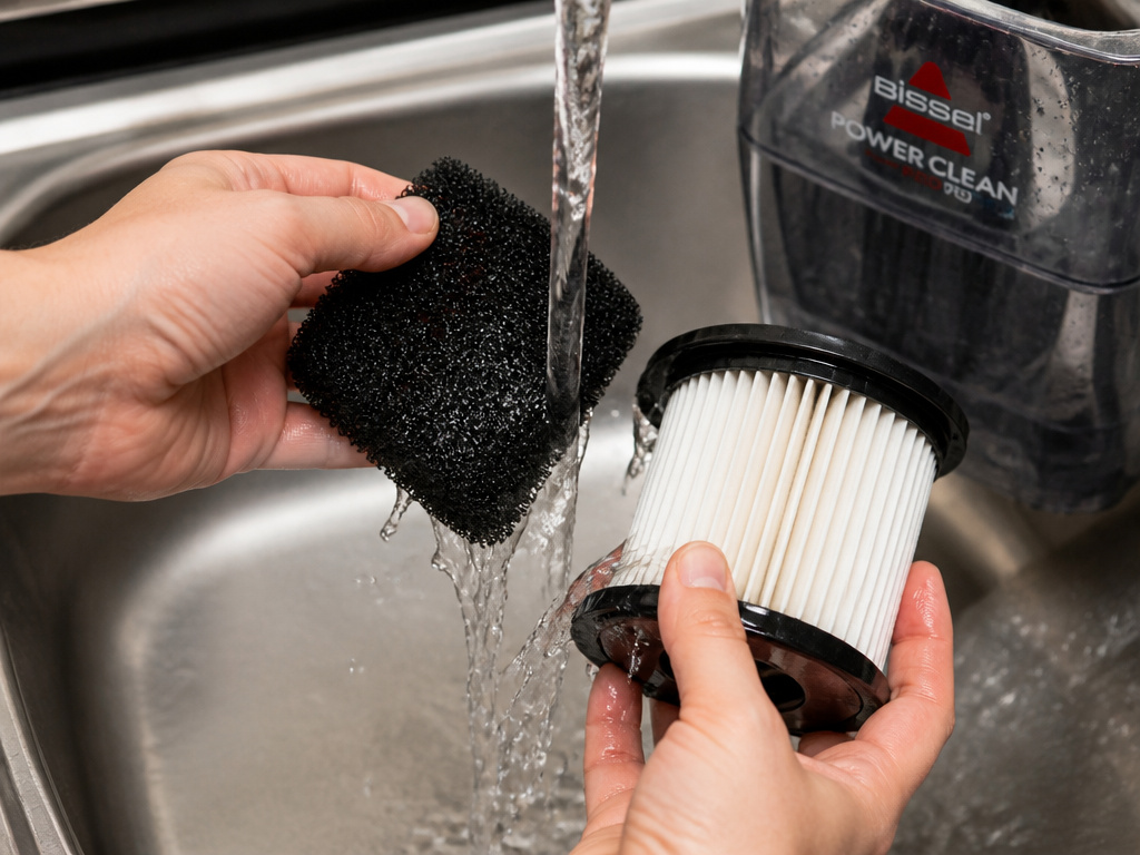 Rinsing BISSELL PowerClean Pro foam and pleated filters under running water