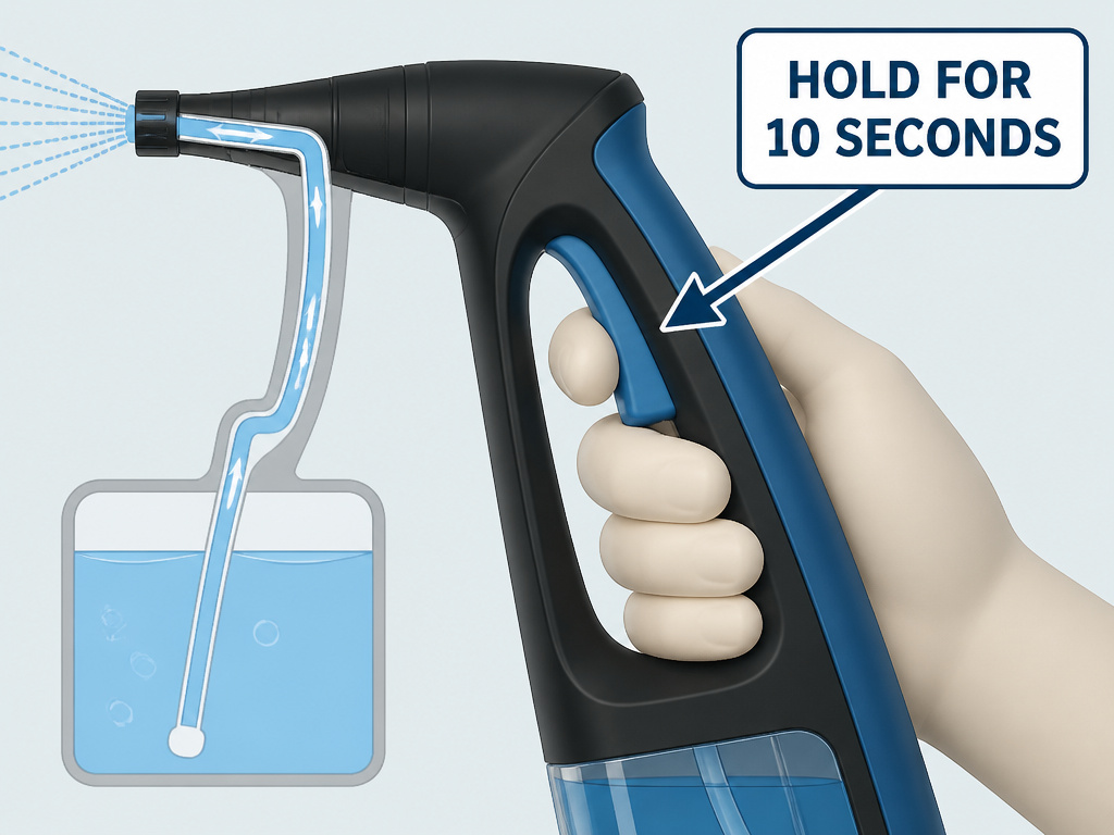 Close-up of priming a Bissell Powerwash carpet cleaner by holding the spray trigger.