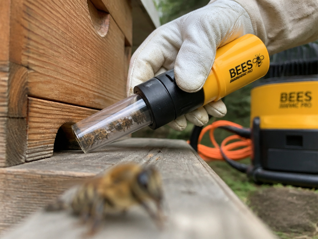 Close-up of a bee vacuum nozzle safely collecting honeybees from a hive entrance.