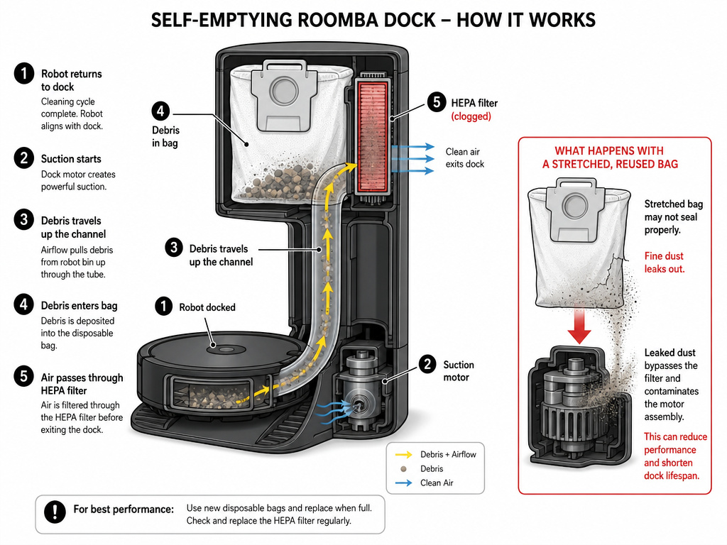 Cross-section diagram of a clogged self-emptying Roomba dock with full bag.
