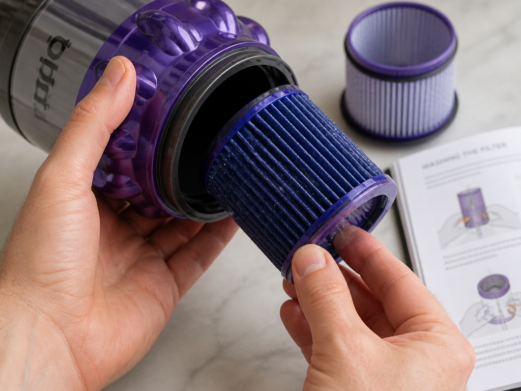 Removing a wet filter from a Dyson stick vacuum to prevent motor damage.