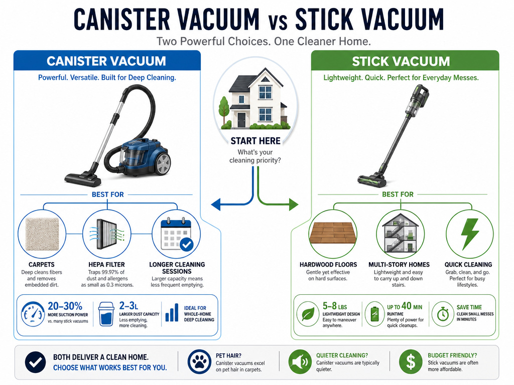 Infographic comparing canister and stick vacuum choices for different home needs