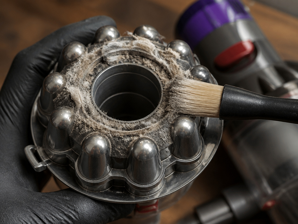 Close-up cleaning caked dust from a Dyson vacuum cyclone causing pulsing