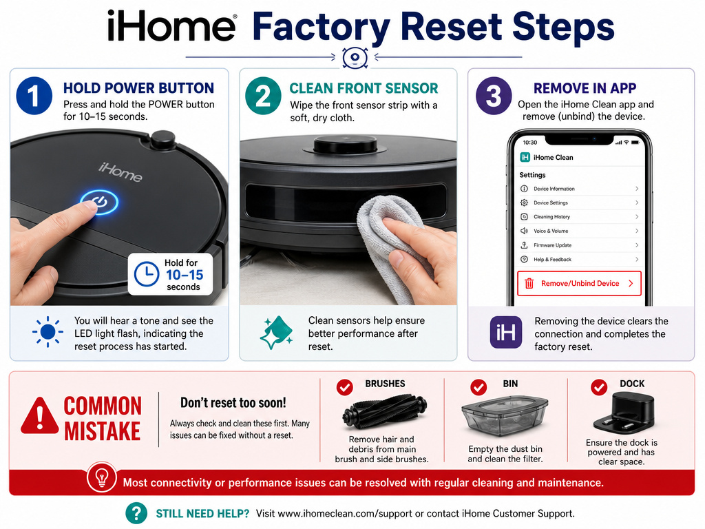 Infographic showing iHome robot vacuum factory reset steps to fix a frozen unit.