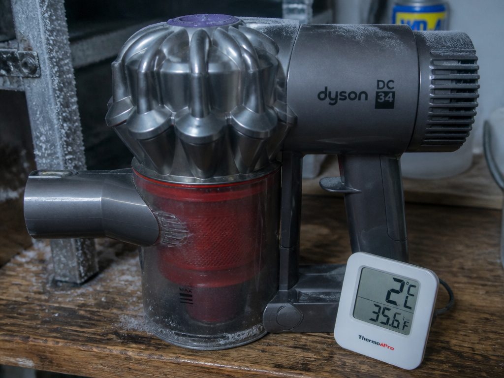 Dyson handheld vacuum in a cold garage showing low-temperature lockout error protection.